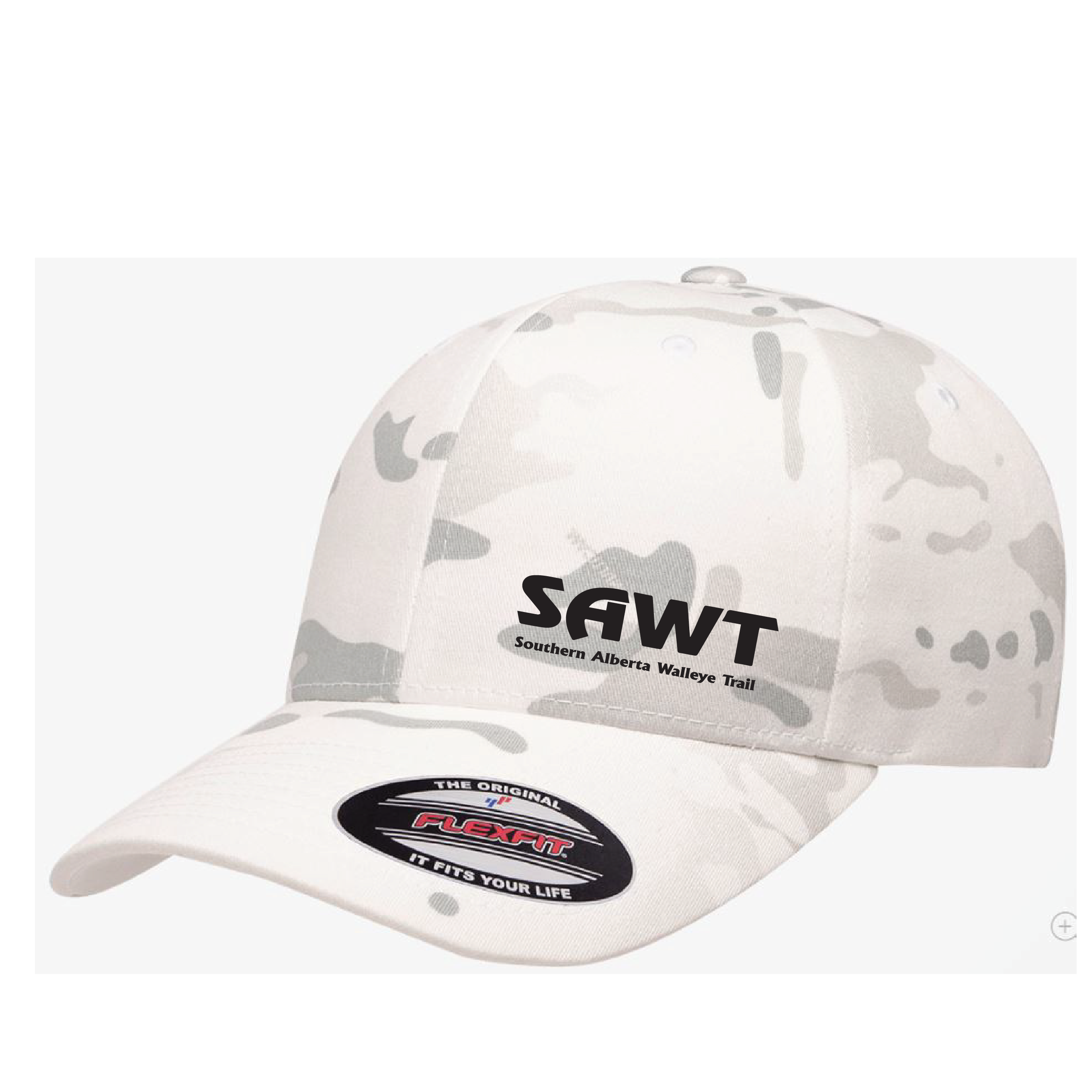 SAWT Southern Alberta Walleye Trail Flexfit Hat, Black & Alpine, Two Sizes  available. Stitched with the SAWT lettering.